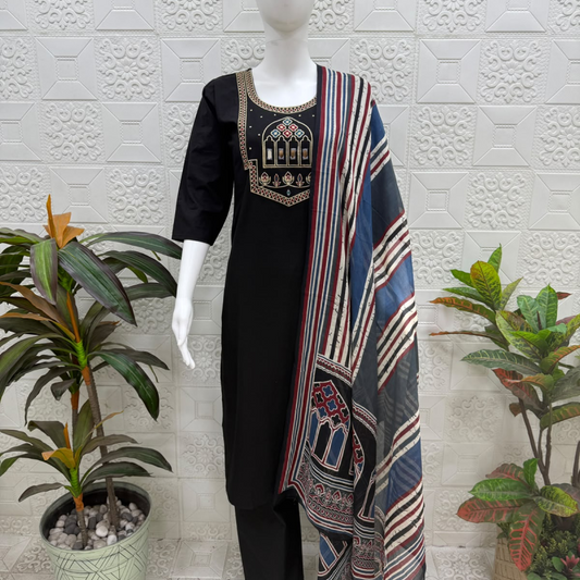Women embroidery mirror kurti with palazzo pant and dupatta |Black color 3 piece sets | Dabuset