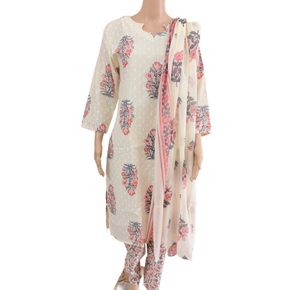Women kurti with pant and dupatta | Off White floral prints kurti with Lining | Neck Pattern 2 | B4008