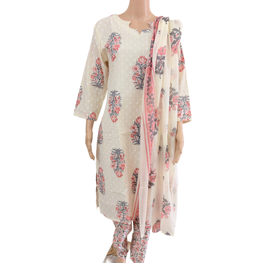 Women kurti with pant and dupatta | Off White floral prints kurti with Lining | Neck Pattern 2 | B4008