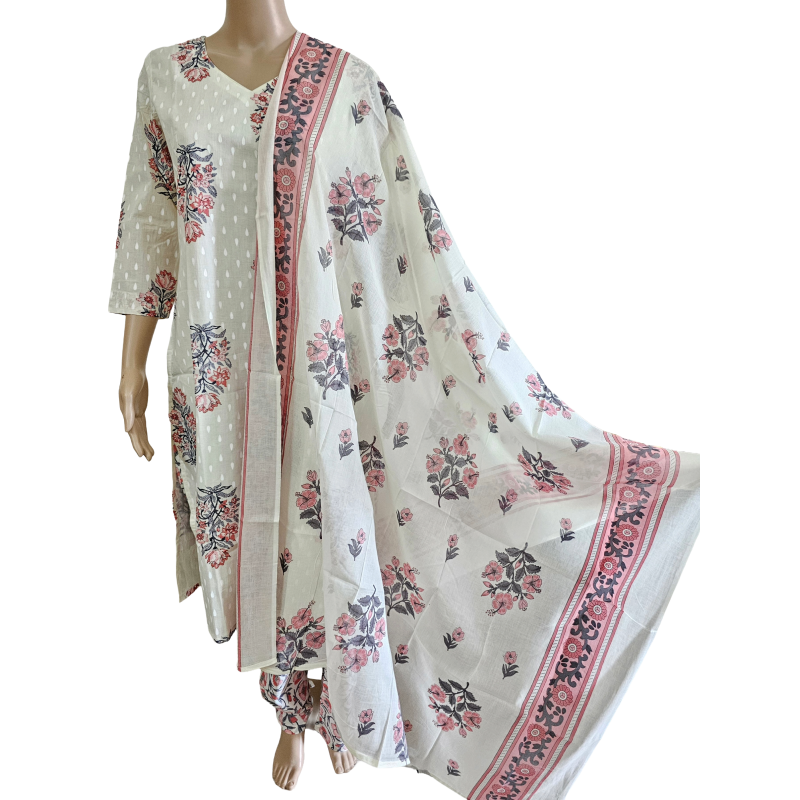 Women kurti with pant and dupatta | Off White floral prints kurti with Lining | Neck Pattern 1 | B4008