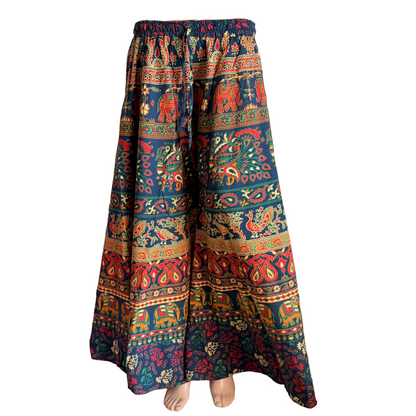 Women’s Cotton Flared Palazzo (Divider Skirt) with Drawstring | Navy Peacock Elephant Print