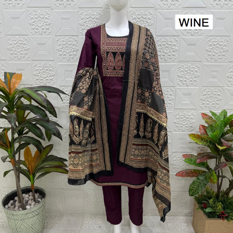 Women kurti with pant and dupatta | Rich Wine print sets 3xl to 5xl | DABUSET