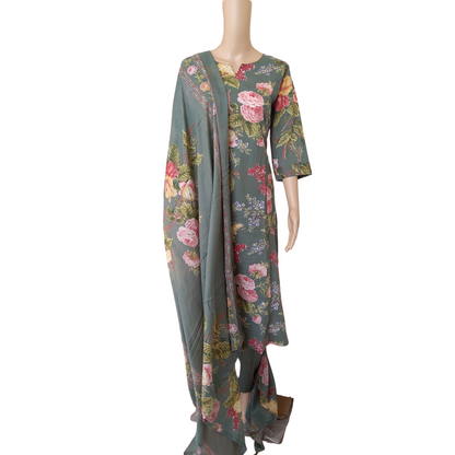 Women kurti with pant and dupatta | Aline cut with side slit| Multicolor florals in light seaweed green base