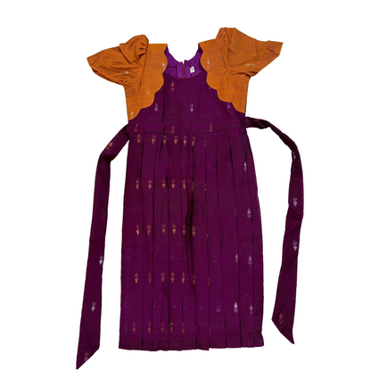 Girls Ethnic Raw silk Frock | Majenta with Mustard