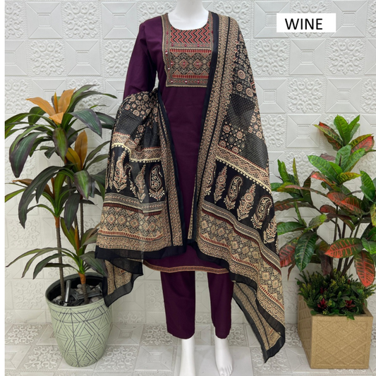 Women kurti with pant and dupatta | Rich Wine print sets | DABUSET