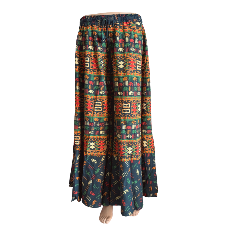 Women’s Cotton Flared Palazzo (Divider Skirt) with Drawstring | Navy blue mini elephant print