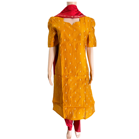 Women kurti with pant and dupatta | Straight cut Mustard with red (Neck pattern 2) l silkcotton