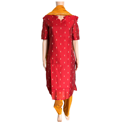 Women kurti with pant and dupatta | Straight cut Red with Mustard (Neck pattern 1) l silkcotton