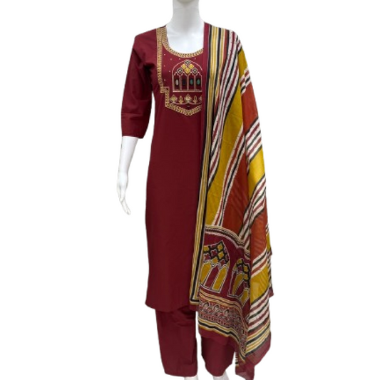 Women embroidery mirror kurti with palazzo pant and dupatta |Red maroon color 3 piece sets | Dabuset|
