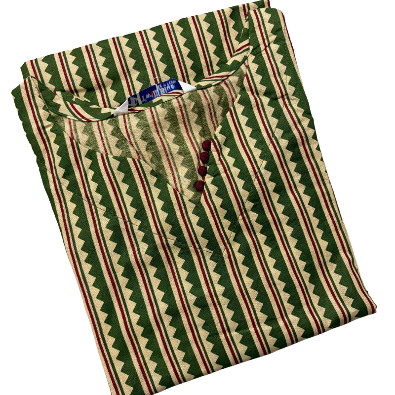 Women Kurti | Straight cut |  Green  stripes with wavy line print