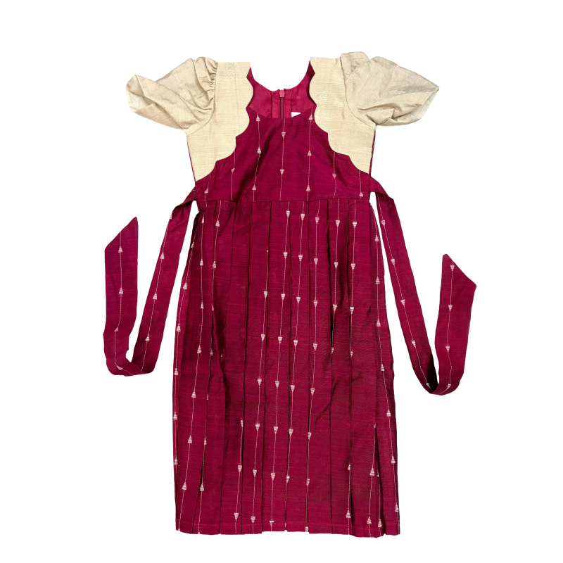 Girls Ethnic Rawsilk Frock | Maroon with muted gold finish