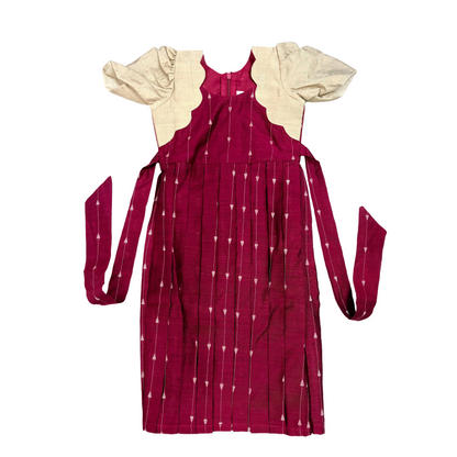 Girls Ethnic Rawsilk Frock | Maroon with muted gold finish