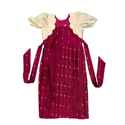 Girls Ethnic Rawsilk Frock | Maroon with muted gold finish