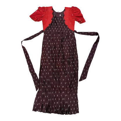 Girls Ethnic Raw silk slub Frock | Coffee brown with rust orange