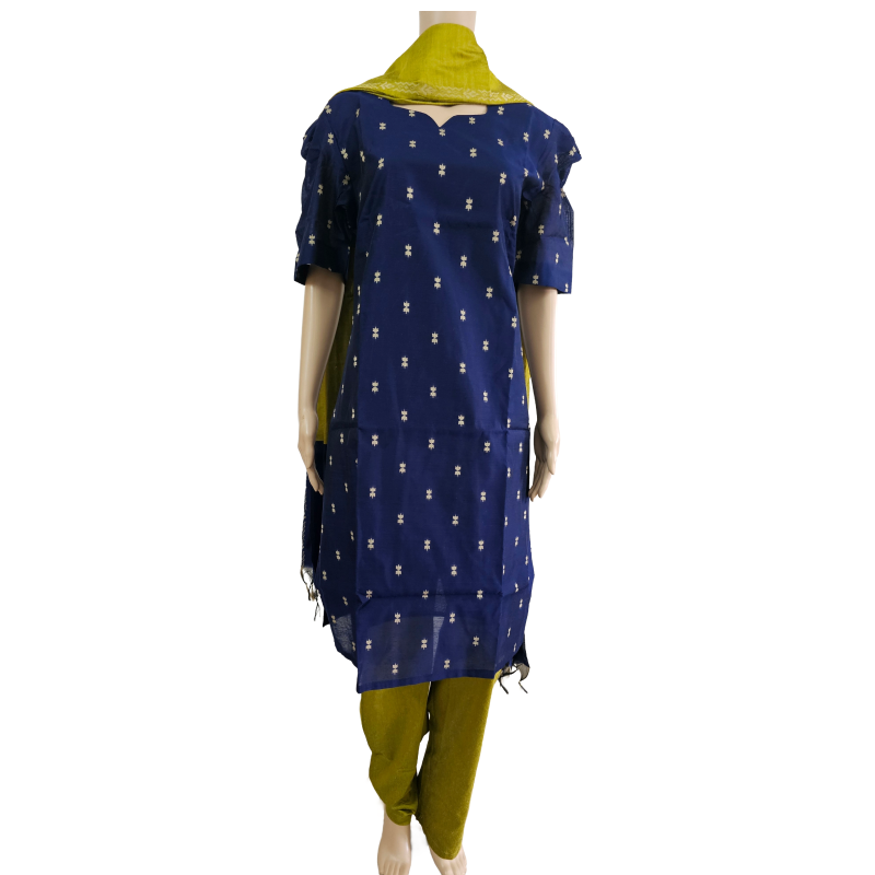 Women kurti with pant and dupatta | Straight cut Navy blue with green (Neck pattern 1) l silkcotton