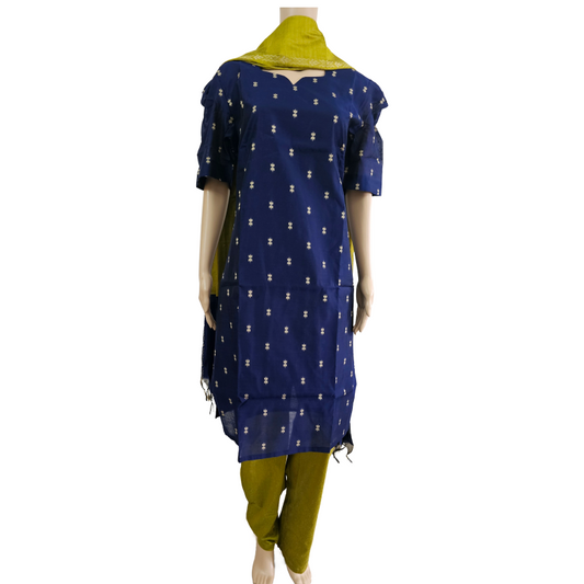 Women kurti with pant and dupatta | Straight cut Navy blue with green (Neck pattern 1) l silkcotton