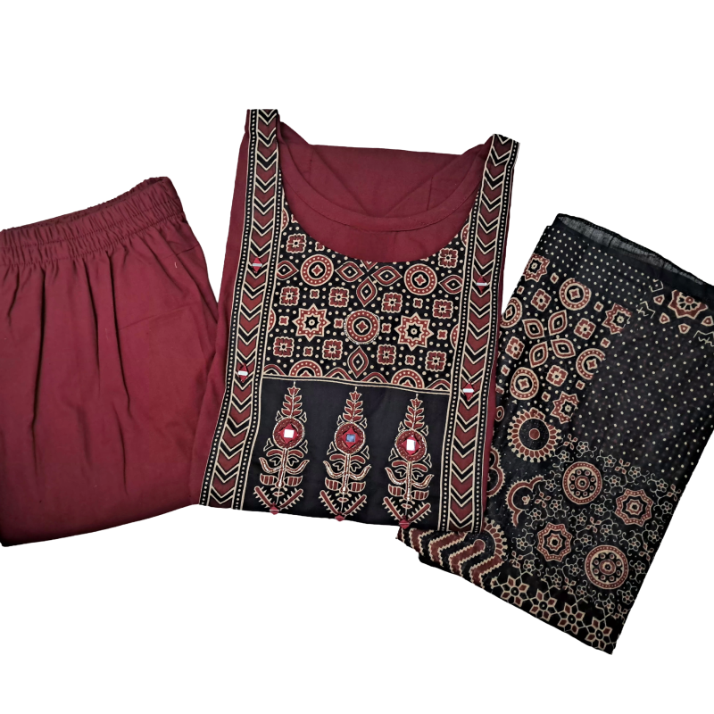 Women kurti with pant and dupatta | Maroon long tree print sets | DABUSET