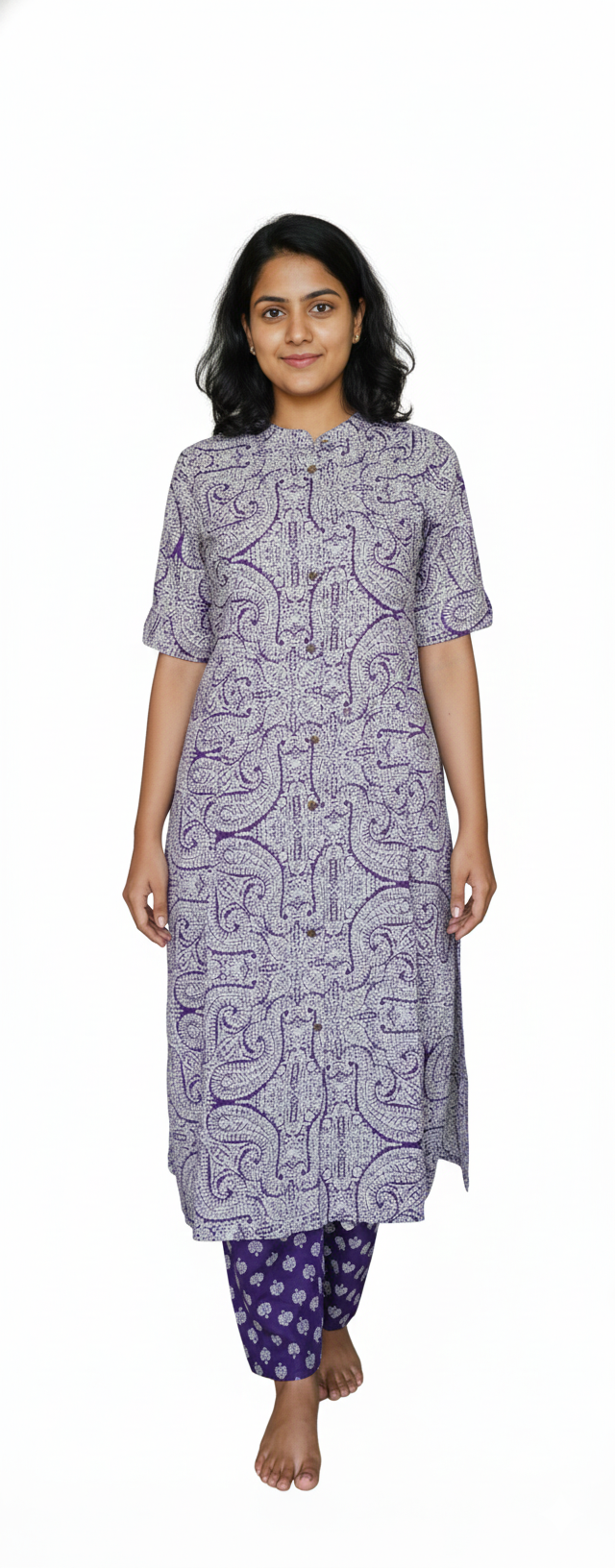 Women kurti with pant | A-line cut | Purple Floral top with Small Bhutta Pants