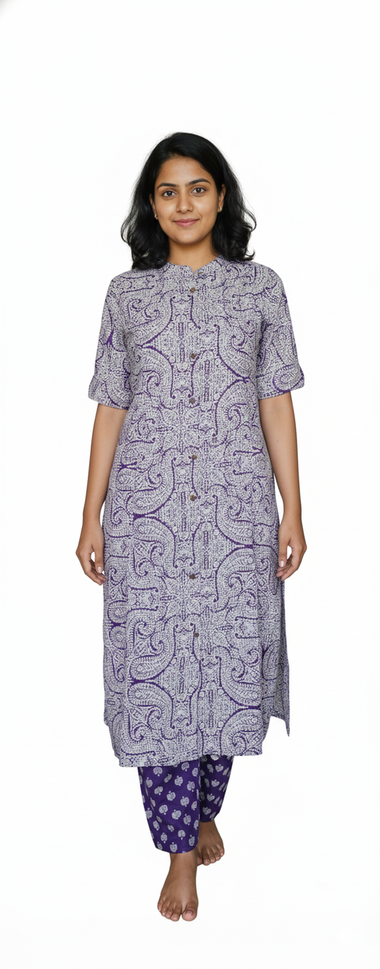 Women kurti with pant | A-line cut | Purple Floral top with Small Bhutta Pants