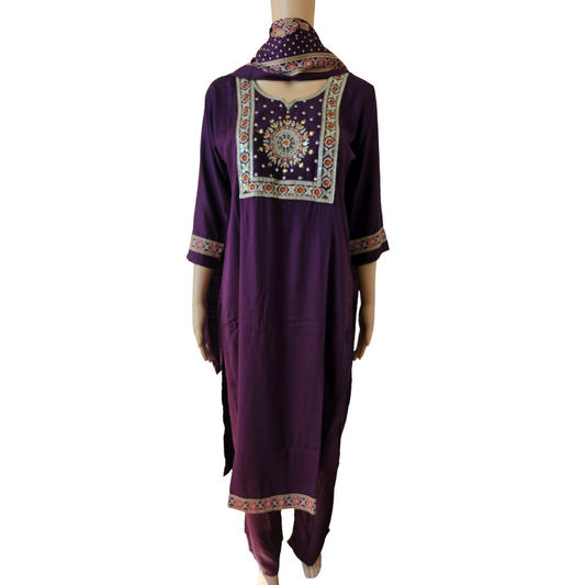 Women kurti with pant and dupatta | Purple with embroidery in Gajji Silk