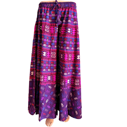Women’s Cotton Flared Palazzo (Divider Skirt) with Drawstring| Purple_Mini_Elephants