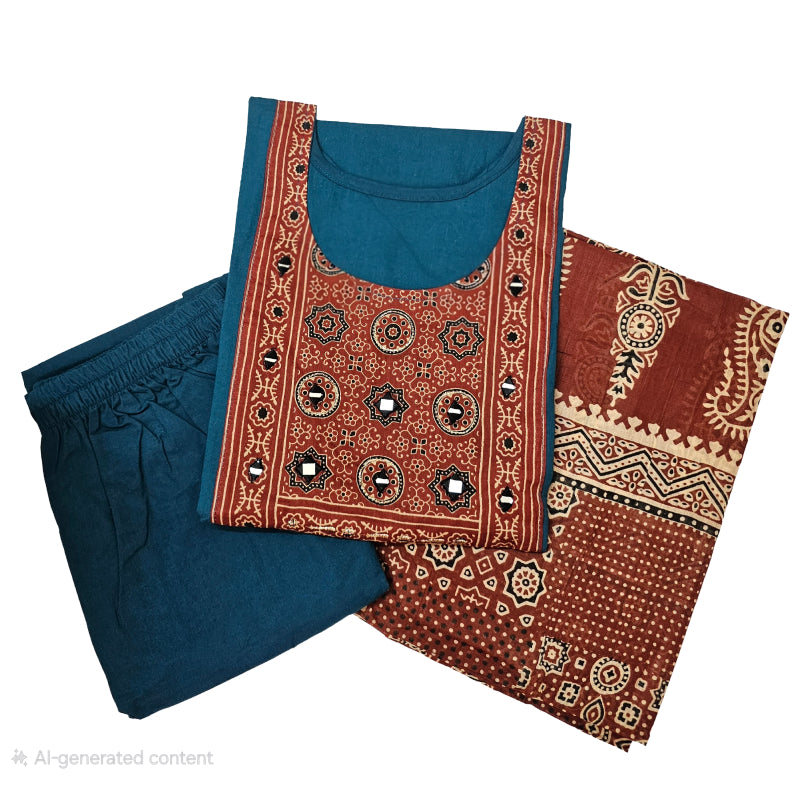 Women kurti with pant and dupatta |Rama Blue(print 2) 3 piece sets | Dabuset
