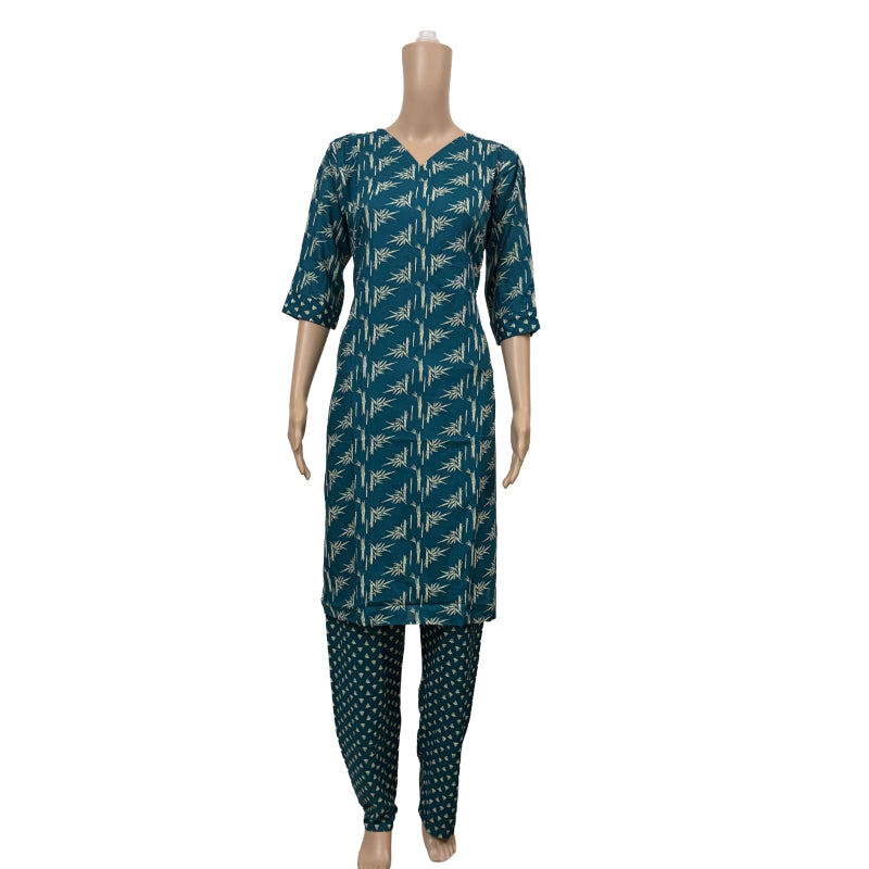 Women’s Liva Rayon Kurti & Pant Set | Daily Wear | Rama green leafy top with pant
