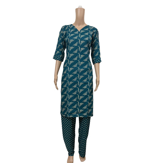 Women’s Liva Rayon Kurti & Pant Set | Daily Wear | Rama green leafy top with pant