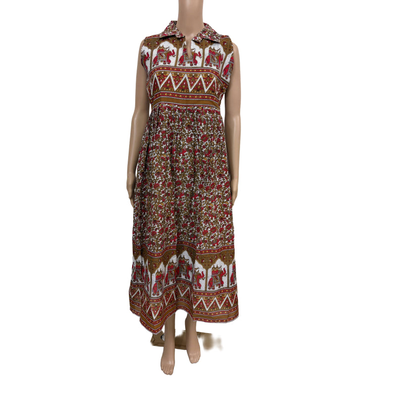 Women sleeveless Frock with full lining (sleeves inside) | Elephant Ajrakh Prints in red and light brown colors