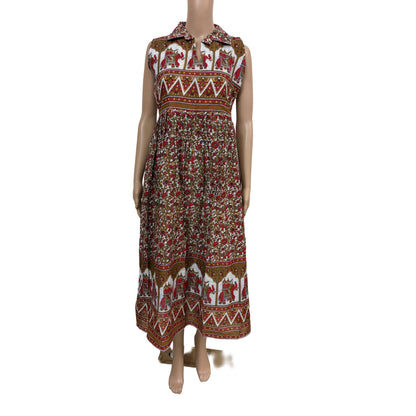 Women sleeveless Frock with full lining (sleeves inside) | Elephant Ajrakh Prints in red and light brown colors