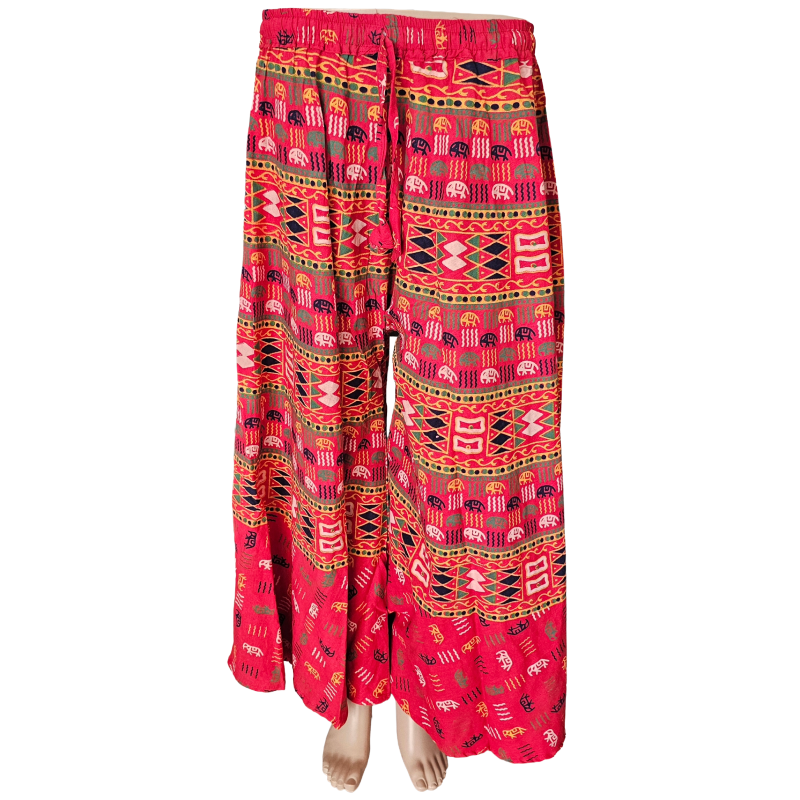 Women’s Cotton Flared Palazzo (Divider Skirt) with Drawstring| Red mini elephants print