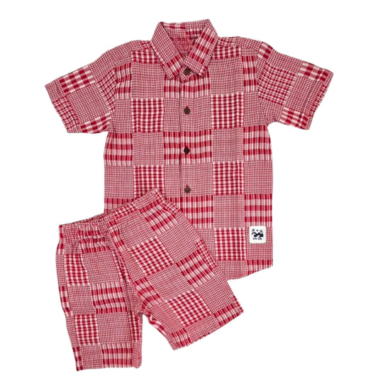 Woven shirt with shorts set| Red collared with checks