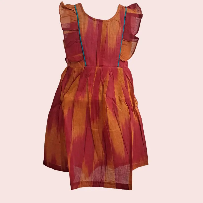 Cotton Ikkat Frocks | Reddish maroon with mustard and rama green piping