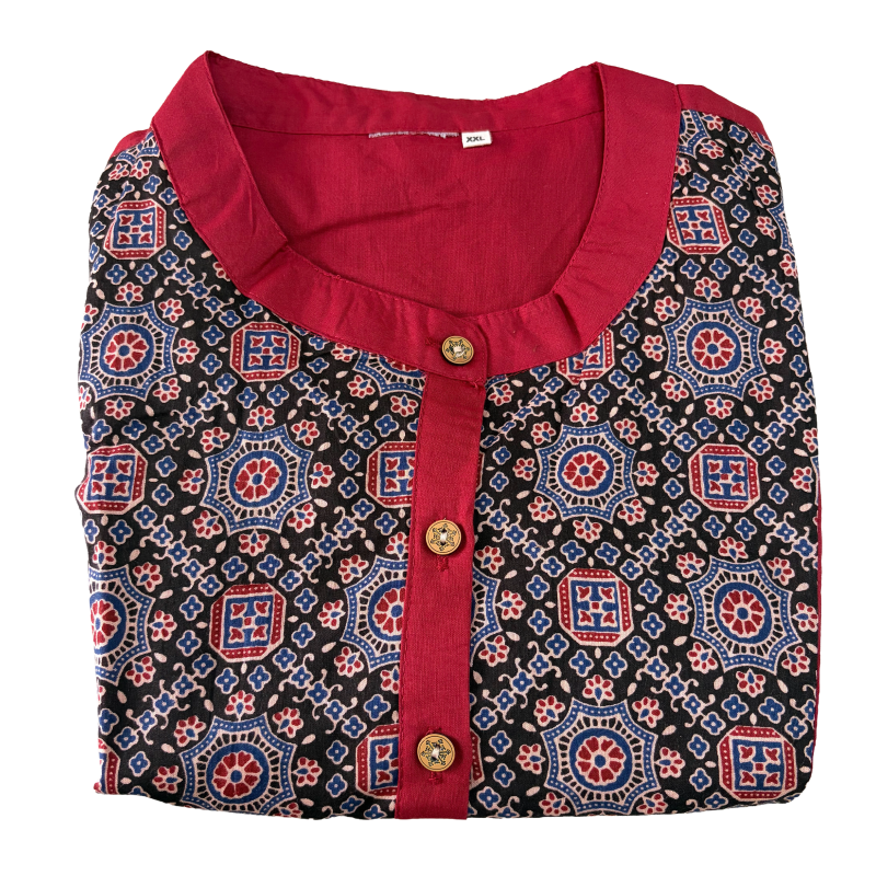 Chinese collar top with ajrakh patch work | Red maroon ajrakh