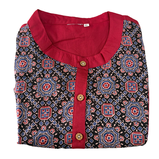 Chinese collar top with ajrakh patch work | Red maroon ajrakh