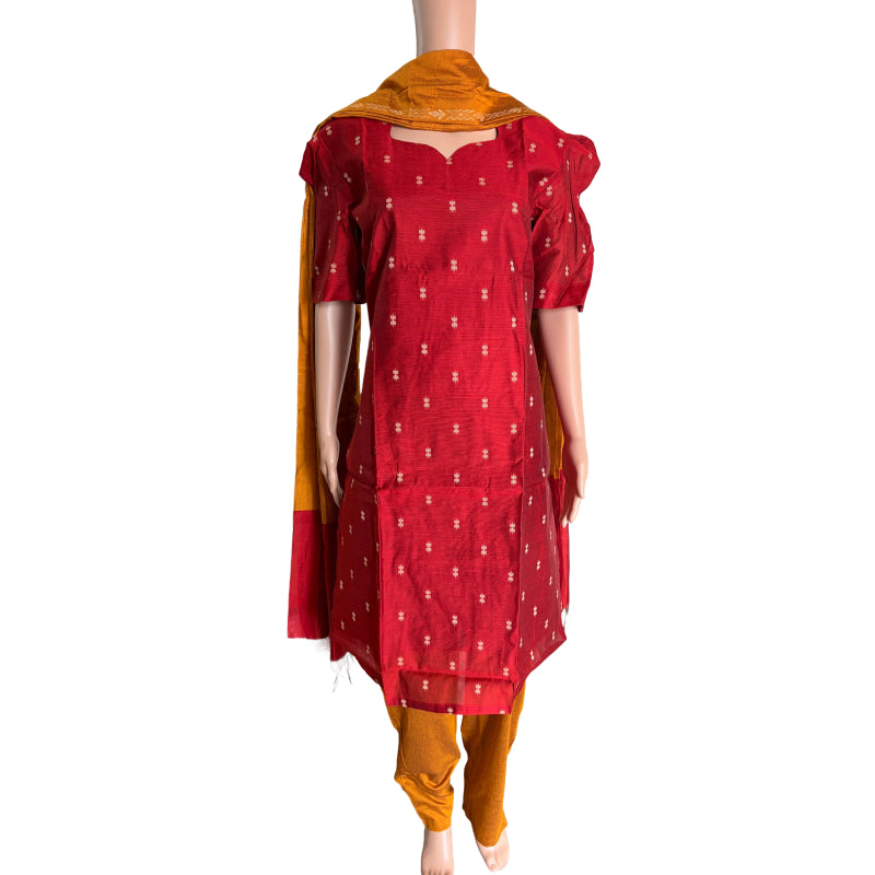 Women kurti with pant and dupatta | Straight cut Red with Mustard (Neck pattern 3) l silkcotton