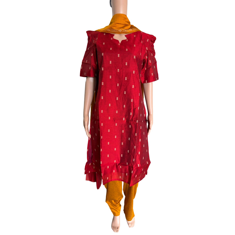 Women kurti with pant and dupatta | Straight cut Red with Mustard (Neck pattern 4) l silkcotton