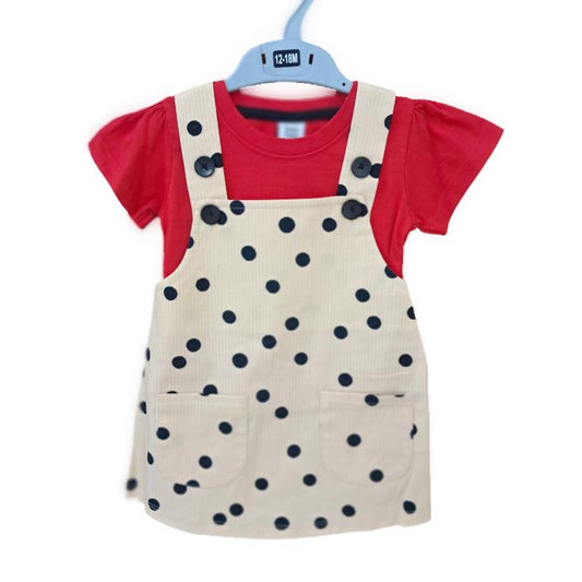 Girls hosiery Cotton Dungaree frock | Polka dots in striped skin base