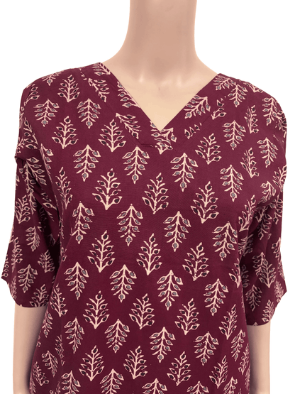 Women Co-Ord kurti with pant (Top with lining) | Pinkish Maroon Leafy Print