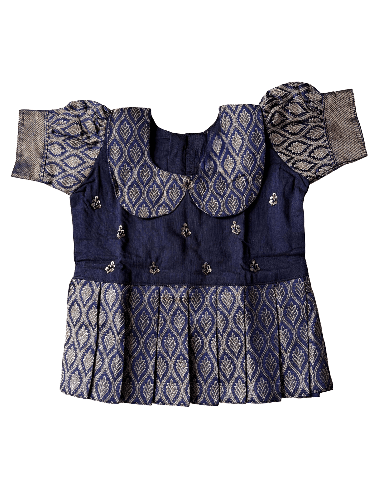 Girls Ethnic Banarasi silk slub Frock | Navy Blue with peter pan collar