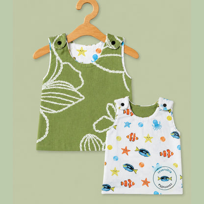 Baby Muslin reversible Shirt |  Button Jabla | Green leaf outline