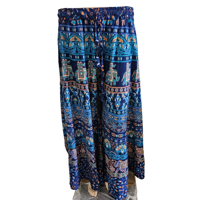 Women’s Cotton Flared Palazzo (Divider Skirt) with Drawstring| Royal Blue Elephant