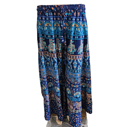 Women’s Cotton Flared Palazzo (Divider Skirt) with Drawstring| Royal Blue Elephant