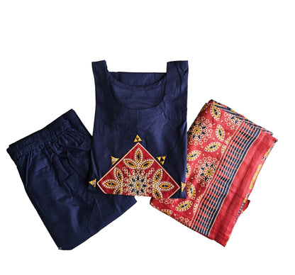 Women kurti with pant and dupatta | Royal Navy with RED | DABUSET