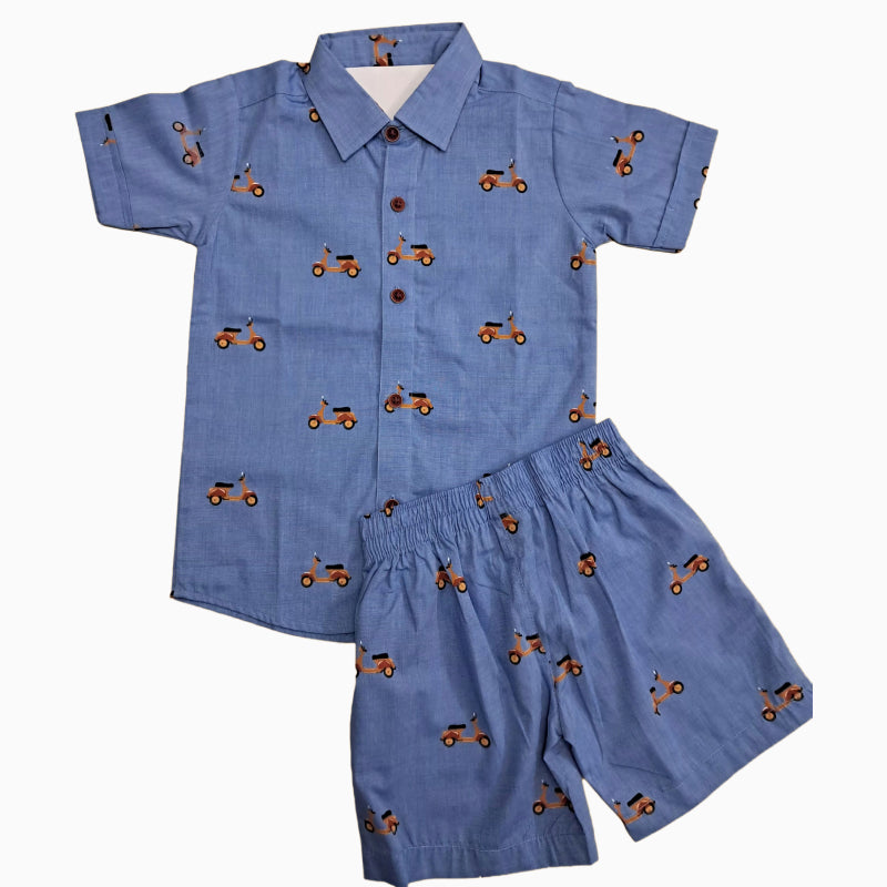 Woven shirt with shorts set|  blue bike print