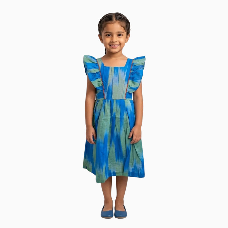 Cotton Ikkat Frocks | Sky blue with green and maroon piping
