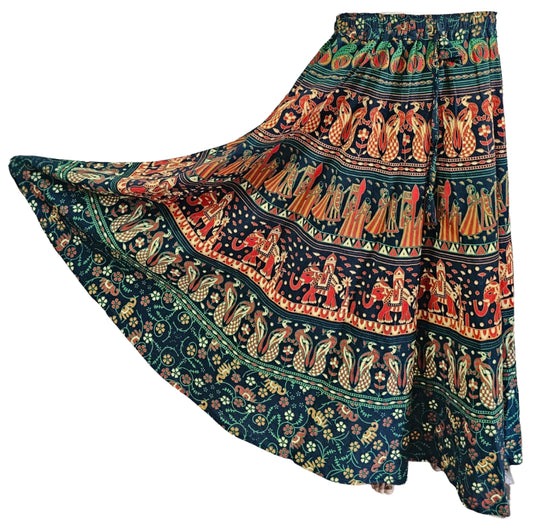 Women Skirt | Jaipuri Print | Fits up to XL| Green Elephant