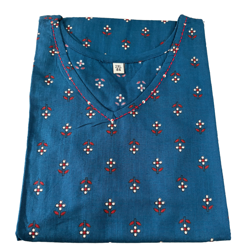 Women's Cotton Short Kurti | Small bhutta in peacock blue