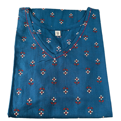 Women's Cotton Short Kurti | Small bhutta in peacock blue