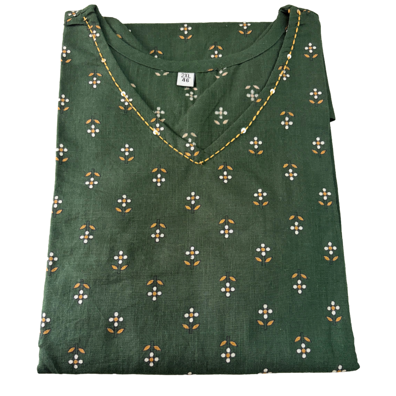 Women's Cotton Short Kurti | Small bhuttas in bottle green